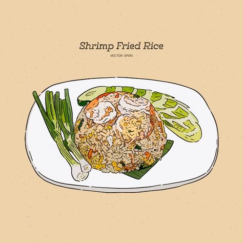 Fried Rice Drawing, Icons Hand Drawn, Thai Food Menu, Thai Coffee, Recipe Book Design, Food Illustration Design, Shrimp Fried Rice, Thailand Food, Art Tutorials Watercolor