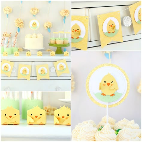 Chicks Birthday Theme, Little Chick Baby Shower Theme, Chick Themed Baby Shower Ideas, Chick Themed Birthday Party, Chick Birthday Party Ideas, Chicken Baby Shower Theme, Chick Baby Shower Theme, Gift Box Design Ideas, Baby Party Decorations