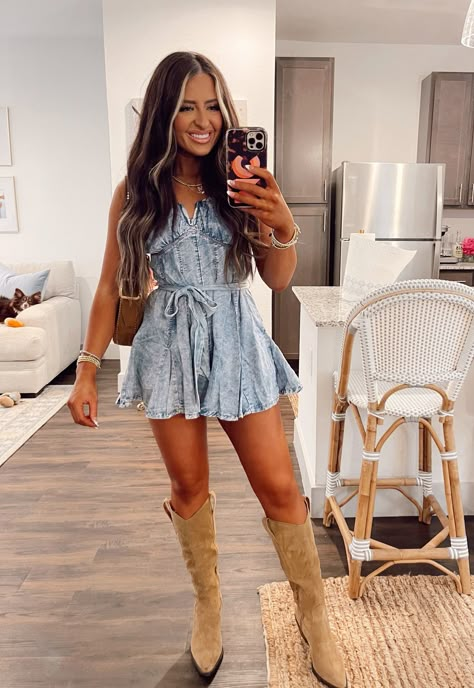 For The Record Romper curated on LTK Romper With Cowgirl Boots, Fashion Outfits With Cowboy Boots, Romper Country Concert Outfit, Country Concert Romper Outfit, Western Outfit Dress And Boots, Jean Romper With Cowboy Boots, Denim Romper With Boots, Western Romper Outfit, Spring Bday Outfits