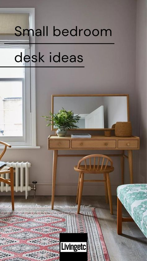 Desk As Nightstand Bedroom, Small Bedroom Desk Ideas, Desk In Bedroom Ideas, Corner Desk Bedroom, Small Bedroom With Desk, Small Bedroom Arrangement, Bedroom Desk Ideas, Small Desk Area, Small Bedroom Desk