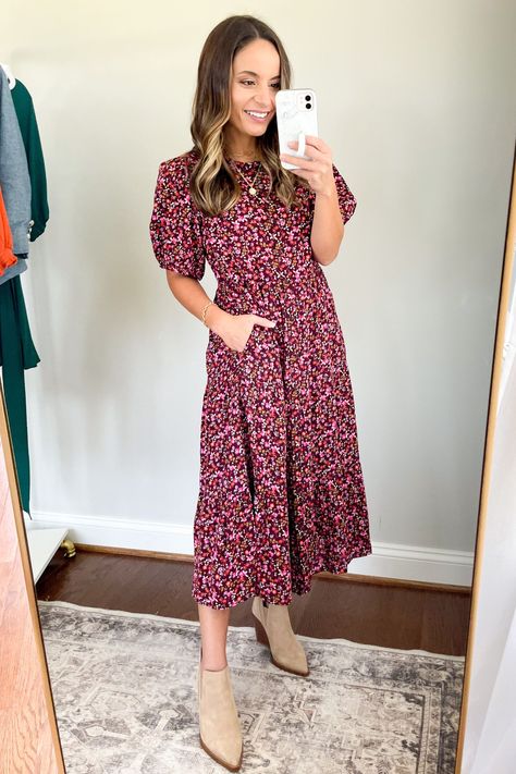 Fall Dresses With Booties, Cute Spring Church Outfits, Spring Church Outfits, Dresses For Petites, Church Outfit Spring, Modest Spring Outfits, Now And Later, Midi Dress Outfit, Petite Midi Dress