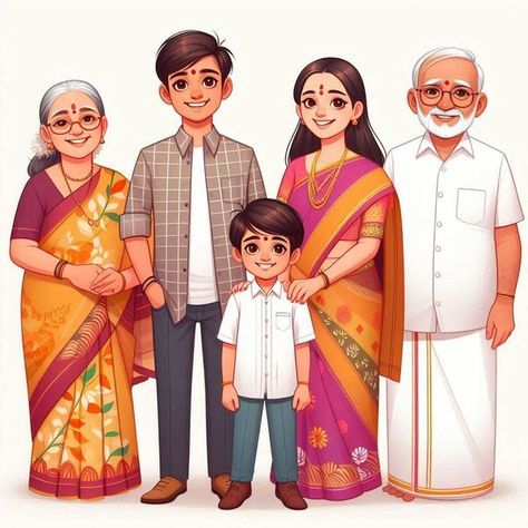 Indian Family Illustration, Family Pictures With Grandparents, Indian Grandparents, Father Cartoon, Groom Cartoon, Diwali Crafts, Bride And Groom Cartoon, Sisters Drawing, Grandparents Day Crafts