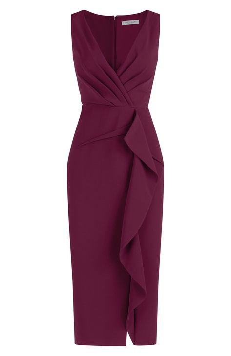 Rippling ruffles bring sculptural appeal to a stretch crepe dress artfully tailored in a faux-wrap silhouette. 44" length Hidden back-zip closure Surplice V-neck Sleeveless Lined 88% polyester, 12% spandex Dry clean Imported Scuba Crepe Dress, Flourless Cakes, Sheath Dresses Work, Midi Dress Burgundy, Boss Dress, Soft Dramatic, Deep Autumn, Midi Dress Formal, Kay Unger