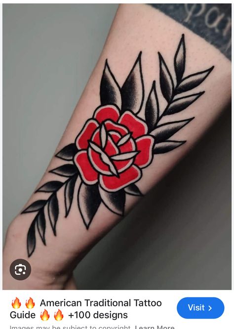 Traditional Red Flower Tattoo, Trad Roses Tattoo, Feminine American Traditional Tattoos Leg, Old School Roses Tattoo, Old School Flowers Tattoo, American Traditional Leaves, Traditional Tattoos Rose, Traditional Rose Tattoo Black, Pink Traditional Tattoo