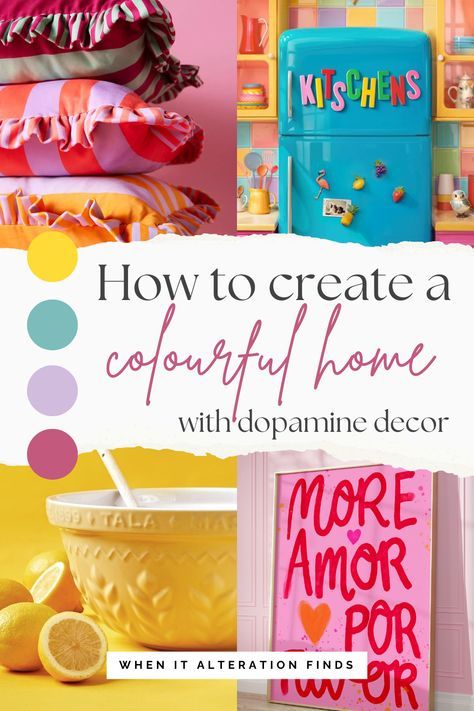 Create a colourful home with the dopamine decor trend. Add bright colour, bold pattern, retro vibes, funky prints and fun accessories to create a warm, welcoming and feel-good home. Vibrant Minimalist Decor, Fun Colorful Home Decor, Colourful Kitchen Decor, Dopamine Decor Aesthetic, Fun Home Decor Ideas, Dopamine Living Room, Dopamine Decor Office, Diy Dopamine Decor, Dopamine Decor Living Room