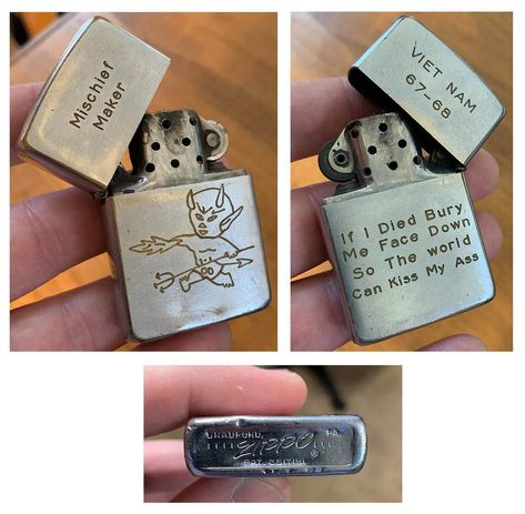 My Dad's Zippo that he carried with him in the Vietnam war. Hello Vietnam, Engraved Zippo, Humor Videos, That 70s Show, Daily Funny, People Laughing, Face Down, Interesting Photos, Funny Photos