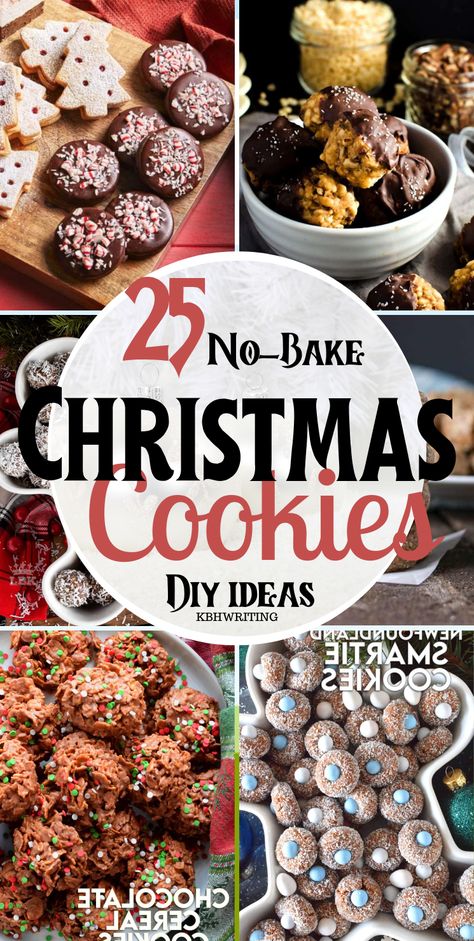 Enjoy the season with these no-bake Christmas cookies. From easy-to-make classics to creative variations, explore a variety of recipes that require no oven time. Whip up delightful treats without the hassle, and savor the festive flavors of Christmas with these no-bake cookie recipes. #NoBakeChristmasCookies #NoBakeChristmasCookiesIdeas Non Bake Christmas Cookies, Xmas Goodies Holiday Treats, Christmas Cookie Baking Party Ideas, No Bake Xmas Treats, Christmas Cookie Plate Ideas, Christmas Bakesale Ideas Easy, Christmas Cookies To Freeze Ahead, 3 Ingredient Christmas Cookies, No Bake Drop Cookies