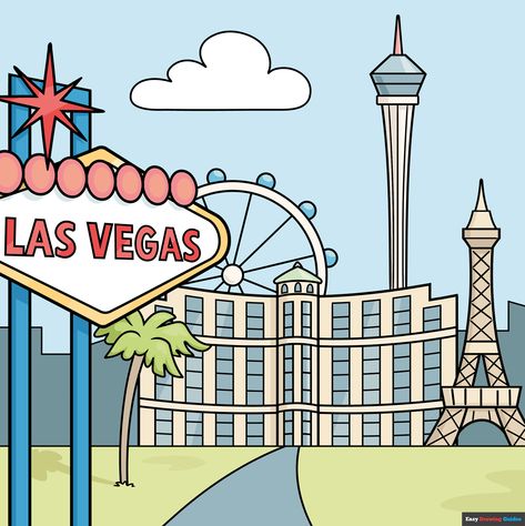 How to Draw Las Vegas Featured Image Las Vegas Drawing Easy, Vegas Painting Ideas, Las Vegas Doodles, Las Vegas Illustration Art, Las Vegas Watercolor, Las Vegas Murals, Las Vegas With Kids, Palm Tree Drawing, Castle Drawing