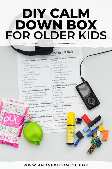 Finally, a calm down kit geared towards older kids! This free printable list of calming strategies and tools will give you lots of awesome ideas of what to put inside your child's DIY calm down box. Click to download your copy of the free printable list! #calmdownkit #calmdownkit #copingskills #selfregulation Calm Down Box, Calm Down Kit, Emotions Activities, Calming Strategies, Calming Activities, Tools And Toys, Counseling Resources, Emotional Regulation, Gentle Parenting