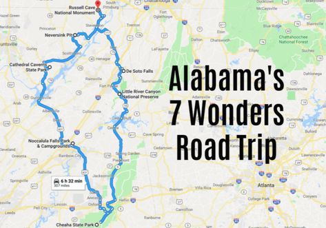 You'll experience Alabama like never before when you take this amazing road trip. Alabama Road Trip Ideas, Alabama Hikes, Explore Alabama, Alabama Waterfalls, 7 Natural Wonders, Alabama Vacation, Alabama Travel, Road Trip Map, Road Trip Places