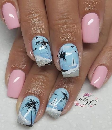 Cabo Nails, Beach Gel Nails, Beach Nail Art Designs, Cruise Nails, Beach Nail Art, Palm Tree Nails, Beach Nail Designs, Beachy Nails, Beach Nail