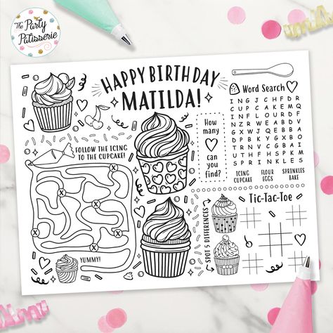 Cupcake Coloring Placemat, Personalized, Cupcake Decorating Party, Printable, Custom, Cupcake Birthday, PJ Party, Sleepover, Activity Mat Birthday Pj Party, Placemat Ideas, Printable Placemat, Baking Birthday Parties, Cupcake Decorating Party, Pyjamas Party, Party Sleepover, Activity Placemat, Coloring Placemats