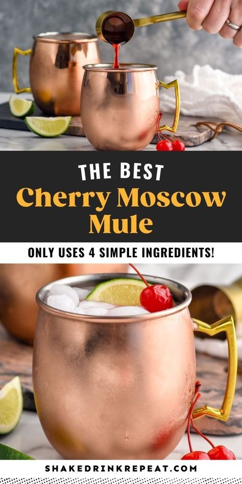 This Cherry Moscow Mule Recipe is such a delicious fun twist on the classic.  Made with easy-to-find ingredients, this will be your new favorite variation! Cherry Mule Recipe, Cherry Moscow Mule Recipe, Moscow Mule Recipes, Moscow Mule Mocktail Recipe, Moscule Mule Recipe, Moscow Mules, Easy Mule Drink Recipes, Cherry Mule Drink Recipes, Cherry Moscow Mule