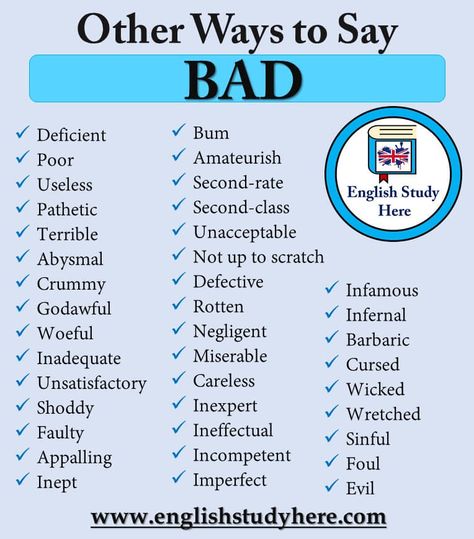 Other Ways to Say BAD in English - English Study Here Evil Synonyms, Cursing Words In English, Synonyms For Evil, English Bad Words, Bad Synonyms, Bad Words In English, Words For Bad, English Synonyms, Business Writing Skills