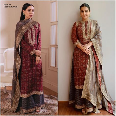 Vidya Balan latest pics. Sharara With Long Kurta, Ajrak Suits Design, Indian Dress Up, Salwar Suit Designs, Desi Fits, Casual Indian Fashion, Salwar Kamiz, Pakistani Dresses Casual, Dresses Traditional