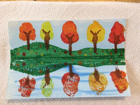 Recycled Crafts For Kids, Zoo Day, November Art, Fall Landscape Painting, November Crafts, Fall Art Projects, 2nd Grade Art, Reflection Art, Fall Trees