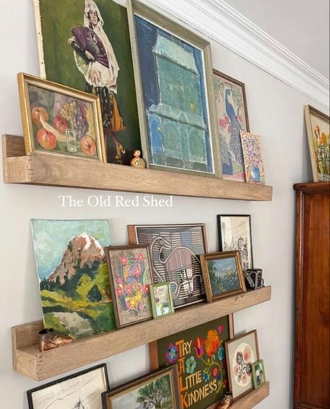 Staircase Ledge Decor Ideas, Picture Ledge Ideas, Gallery Wall Shelves, Ledge Decor, Picture Ledges, Picture Ledge, Art Shelves, Home On The Range, Artwork Display