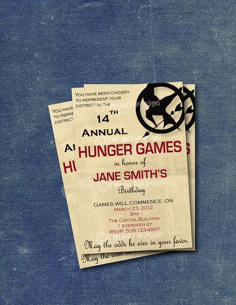 Hunger Games Party Decorations, Hunger Games Decorations, Hunger Games Theme, Hunger Games Party, Book Birthday Parties, 11 Birthday, Hunger Games Fandom, Hunger Games Humor, Custom Birthday Invitations