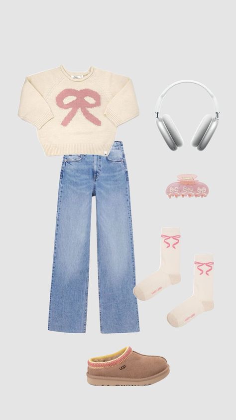 Bow Sweater Outfit, Silver Airpods, Sports Wallpaper, Bow Socks, Wide Leg Denim Jeans, Cold Weather Outfit, Airpods Max, Bow Sweater, Future Clothes