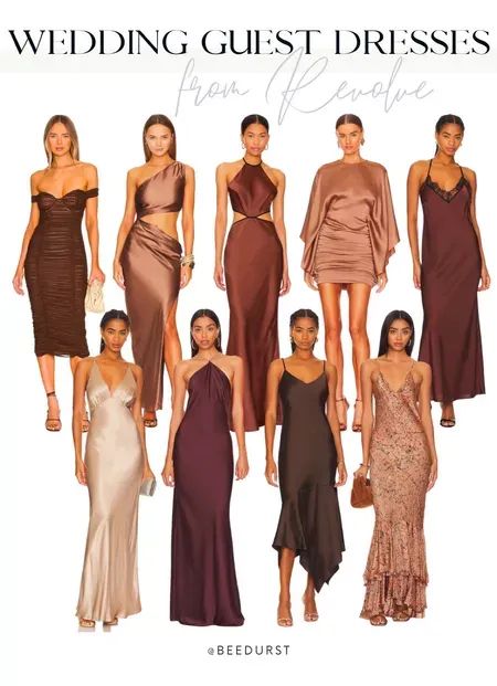 Maid Of Honor Dress Brown, Wedding Guest Dress Neutral Colors, Wedding Guest Outfit Neutral Colors, Wedding Dresscode Guest, Neutral Color Wedding Guest Attire, Brown Mismatched Bridesmaid Dresses, Fall Color Dresses For Wedding Guest, Brown Wedding Dress Guest, Earth Tones Wedding Guest Dress