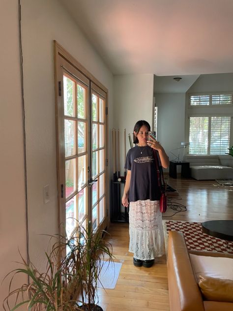 White lace maxi skirt, selfie, mid century modern house, outfit inspo, Street wear, oversized tee, indie outfit White Lace Maxi Skirt Outfit, Lace Maxi Skirt Outfit, White Lace Maxi Skirt, Maxi Skirt Outfit, Lace Maxi Skirt, White Lace Maxi, Maxi Lace Skirt, Maxi Skirt Outfits, Skirt Outfit