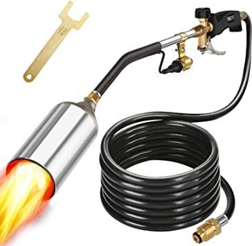 Weed Torch Propane Burner,Blow Torch, Propane Torch,High Output 500,000 BTU,flamethrower with Turbo Trigger Push Button Igniter and 9.8 ft Hose,for burning weeds,melting ice and snow (silver) Propane Torch, Blow Torch, Ice Snow, Ratchet Straps, Propane Tank, Propane, Garden Hose, Push Button, Heavy Duty