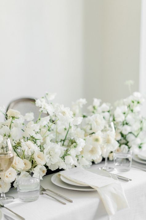 White Floral Garland Wedding, White Floral Runner Wedding, Modern Bridal Flowers, Franklin Plaza Wedding, Whimsical White Wedding Flowers, White Delphinium Wedding, White Flower Table Runner, White Flower Centerpieces Wedding, White Wedding Flowers Reception