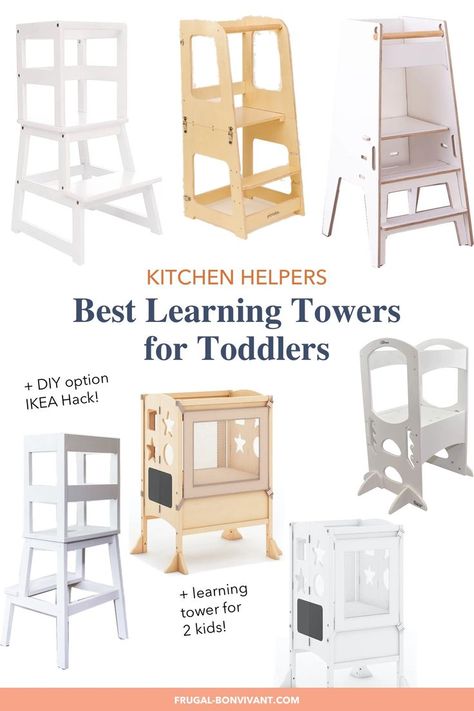 A learning tower or kitchen helper is a stool with an enclosed platform so toddlers can safely reach a kitchen counter. Learning towers are great for helping toddlers with independence in a safer way! So here’s everything you need to know about the best learning towers for toddlers and young kids, and how to choose the best one for your family, home, and budget. #montessori #preschooler #toddler Montessori Kitchen Tower, Toddler Stand For Kitchen, Toddler Tower Diy Plans, Learning Tower Diy Plans, Kitchen Helper Stool Diy, Toddler Stool For Kitchen, Budget Montessori, Diy Learning Tower, Learning Tower Diy