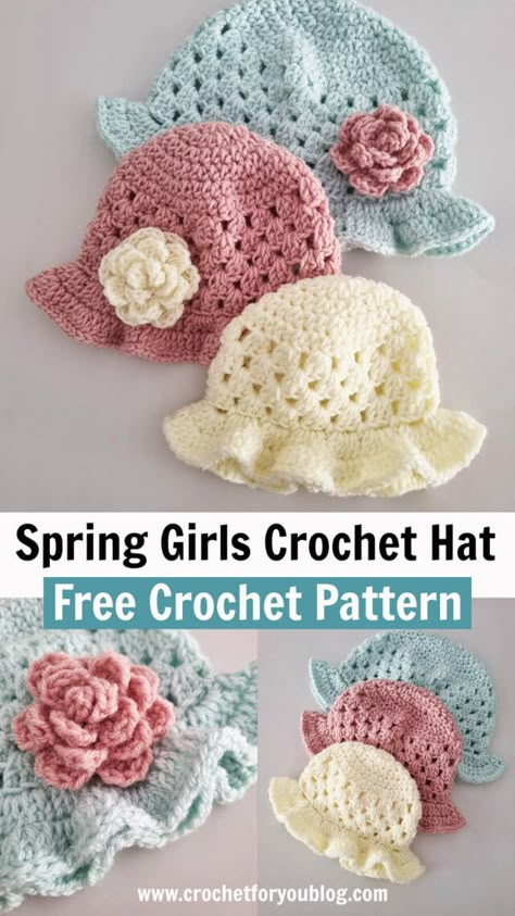 Spring Girls Crochet Hat Free Pattern - Crochet For You Girls Crochet Hat, Crochet Baby Projects, Girls Crochet Hats, Baby Crochet Patterns, Crochet Baby Hat Patterns, Crochet Baby Hat, Crochet Toddler, Baby Hat Patterns, Crochet Hat Free