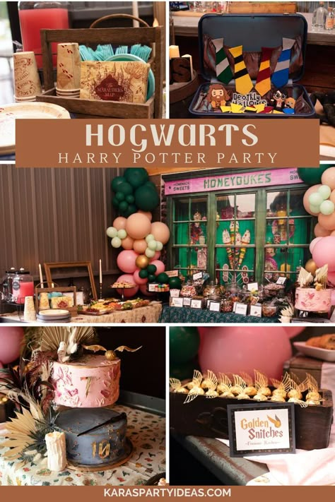 Diagon Alley Party Decor, Harry Potter Party On A Budget, Harry Potter Centerpiece Ideas Diy, Hogsmeade Party, Diagon Alley Party, Harry Potter Elegant Party, Diy Platform 9 3/4, Harry Potter Party Signs, Harry Potter Sorting Ceremony