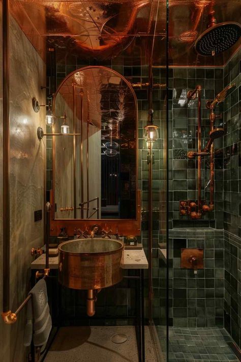 Steam Punk Bathroom, Rococo Bathroom, Steampunk House Interiors, Punk Bathroom, Steam Punk Aesthetic, Vintage Industrial Bathroom, Victorian Details, Steampunk Bathroom, Steampunk Interior