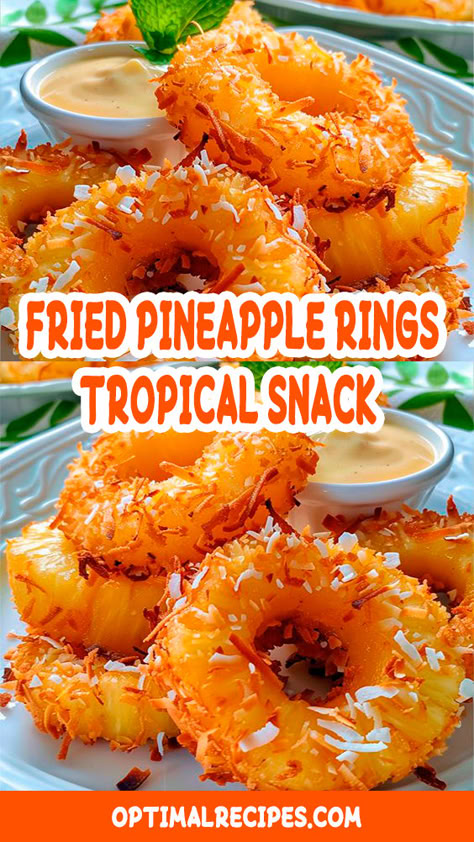 Easy Birthday Party Treats, Easy Hawaiian Appetizers, Deep Fried Snacks, Fried Pineapple Rings With Creamy Coconut Dipping Sauce, Fried Pina Colada Rings, Hawaiian Sides Recipes, Bbq Snack Ideas, Snacks For Drinking Parties, Fried Pineapple Rings