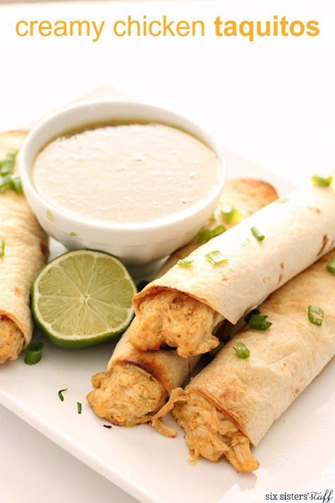 Baked Creamy Chicken, Creamy Chicken Taquitos, Taquitos Baked, Chicken Taquitos Recipe, Six Sisters Recipes, Creamy Cilantro Dressing, Taquitos Recipe, Honey Lime Chicken, Six Sisters Stuff