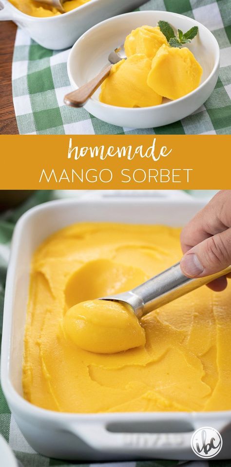 Low Calorie Sorbet, No Churn Sorbet Recipes, How To Make Sorbet Without A Machine, Homemade Mango Sorbet, Easy Mango Sorbet Recipe, Frozen Mango Sorbet, Homemade Sorbet Recipe Easy, Mango Sherbert Recipes, Diy Sorbet With Frozen Fruit