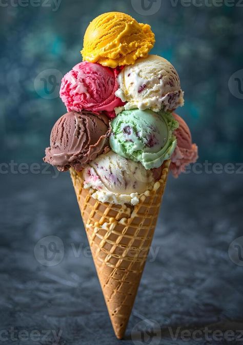 Group of colorful ice cream cones with different toppings on each Big Ice Cream Cone, Big Ice Cream, Colorful Ice Cream, Ice Cream Cones, Ice Cream Flavors, Ice Cream Cone, Reference Photos, Vector Pattern, Costume Ideas