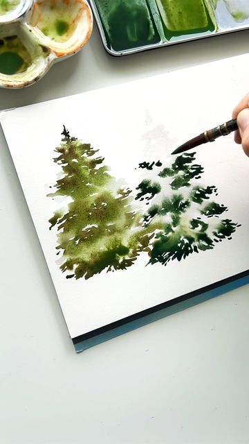 Watercolor Pine Tree, Procreate Watercolor, Happy Painting, Nature Watercolor, Watercolor Lessons, Christmas Card Art, Watercolour Illustration, Happy Paintings, Watercolor Leaves