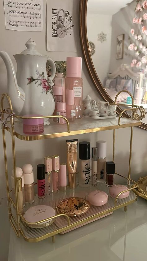 #makeup #skincare #vanity #girly Bar Cart Makeup Vanity, Skincare Table Ideas, Girly Makeup Desk, Makeup Vanity Coquette, Bathroom Makeup Vanity Aesthetic, Makeup Fridge Aesthetic, Vanity Jewelry Organization, Bedroom Makeup Storage, Rotating Makeup Organizer Aesthetic