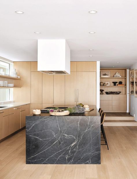 1970s Bungalow, Kitchen Island Oak, White Oak Kitchen Cabinets, Soapstone Kitchen, House In California, Slab Cabinets, White Oak Kitchen, Light Hardwood, Light Hardwood Floors