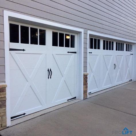 Sanford Nc, Garage Door Handles, White Garage Doors, Carriage Style Garage Doors, Faux Wood Garage Door, Carriage House Garage Doors, Garage Door House, Carriage House Doors, Carriage Garage Doors