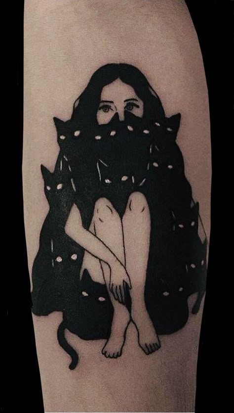 Cat And Crow Tattoo, 2 Black Cat Tattoo, Goth Cat Tattoo, Dark Cat Tattoo, Black Cat Tattoo Designs, Witchy Cat Tattoo, Best Friends Tattoo, Simple Cat Tattoo, Tattoo Back Tattoo