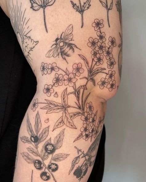 Flower Sleeve Tattoo Filler, Nature Filler Tattoo, Patchwork Tattoo Filler Ideas, Botanical Patchwork Sleeve Tattoo, Patchwork Tattoo Filler, Patchwork Sleeve Filler, Elbow Filler Tattoo, Patchwork Filler Tattoo, Floral Tattoo Filler