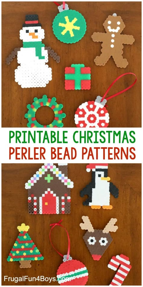 Printable Christmas Perler Bead Patterns - Frugal Fun For Boys and Girls Peeler Bead Ideas Christmas, Small Square Perler Bead Patterns, Melted Bead Patterns, Perler Christmas Patterns, Holiday Perler Bead Patterns, Peeler Bead Christmas Ornaments, Christmas Melty Beads, Christmas Perler Beads Ornaments, Fuse Bead Patterns Easy