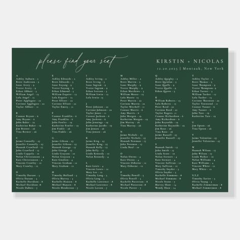 Forest Green Wedding Alphabetical Seating Chart Foam Board  Zazzle Green Wedding Seating Chart, Forest Green Wedding, Alphabetical Seating Chart, Board Template, Wedding Guest List, Contemporary Chic, Seating Chart Wedding, Guest List, Seating Chart