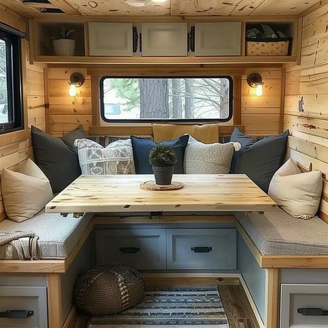 Maximize Your Camper: 19 Small Interior Ideas Diy Rv Couch With Storage, Small Camper Makeover Ideas, Small Camper Trailers With Bathroom, Diy Small Camper Makeover, Small Camper Interior Ideas Rustic, Small Trailer Ideas, Camper Office Ideas, Small Camper Remodel Ideas, Small Camper Layout