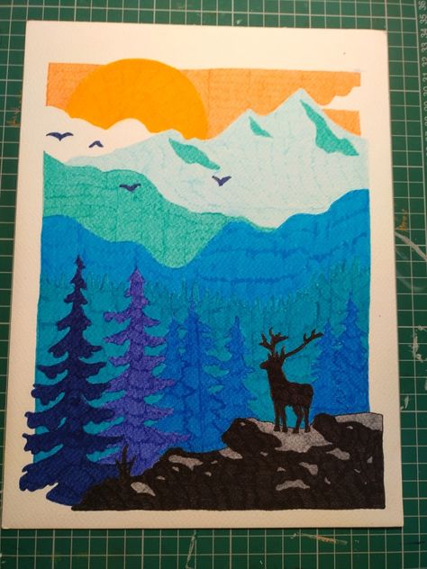 Mountain Draw Felt Tip Pens Drawing Ideas, Felt Tip Pen Art Drawings, Felt Tip Pen Art, Mountain Deer, Pen Drawings, Pen Art Drawings, Collage Art Projects, Felt Tip, Art Pens