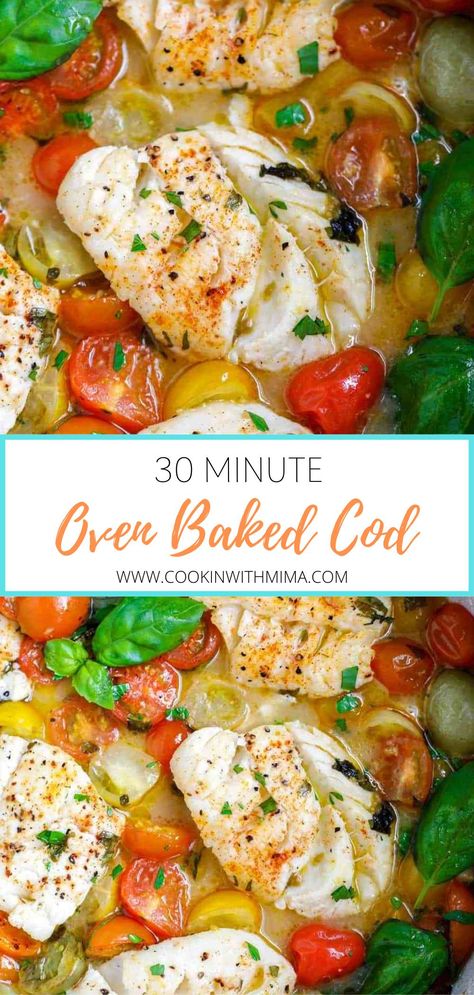 An easy to make dinner that is both healthy and delicious can sometimes be hard to find. This Oven Baked cod is not only a healthy low carb dinner but also can be made in under 30 minutes making it a perfect dinner for busy weeknights! Made with juicy cod, roasted tomatoes, and topped with fresh basil, this easy to make cod dinner is sure to please! #cod #dinner #seafood #healthy #cookinwithmima Baked Cod Dinner Ideas, Fresh Cod Recipes Baked Fish, Fish Baked Recipes, Quick Cod Recipes, Low Sodium Cod Recipes, Oven Cod Recipes, Recipes With Cod Fish, Heart Healthy Cod Recipes, Cod Oven Recipes