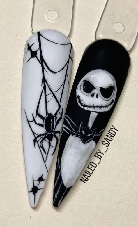 Halloween Nails Art Designs, Jack Skellington Nail Art, Jack The Skeleton Nails, Halloween Nails Nightmare Before, Scary Nail Designs, Wednesday Addams Nail Art, Nightmare Before Christmas Nails Designs, The Nightmare Before Christmas Nails, Tim Burton Nails