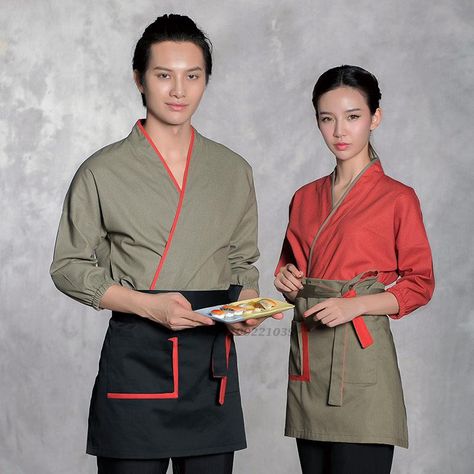 Kimono Uniform Restaurant, Japanese Chef Uniform, Cook Clothes, Chef Dress, Waitress Uniform, Japanese Uniform, Japanese Hotel, Restaurant Uniforms, Chef Uniform