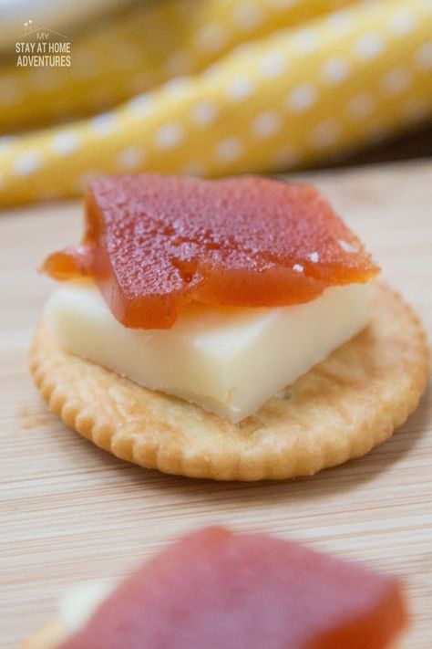 Guava paste with cheese over crackers is a delicious appetizer that is perfect for any occasion. Kids love this recipe because it's easy to make, and the flavors are kid-friendly. Guava paste, extra sharp cheddar cheese, and crackers are all you need to create this simple dish. Guava paste with cheese over crackers can be served as an appetizer or snack. So why not give it a try? via @mystayathome Puerto Rican Guava And Cheese, Guava Appetizers, Guava And Cheese Appetizers, Cuban Appetizers, Queso Recipes, Crackers Appetizers, Guava Paste, Guava Jam, Cheesy Appetizer