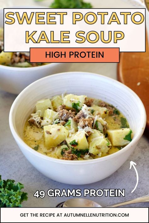 High Protein Sweet Potato Kale Soup | Super Cozy, Healthy Dinner! Soup With Kale Recipes, Sweet Potato Kale Soup, Protein Sweet Potato, Kale Sweet Potato Soup, 50 Grams Of Protein, Potato Kale Soup, Kale Soup Recipes, Slow Carb, Thanksgiving Food Sides